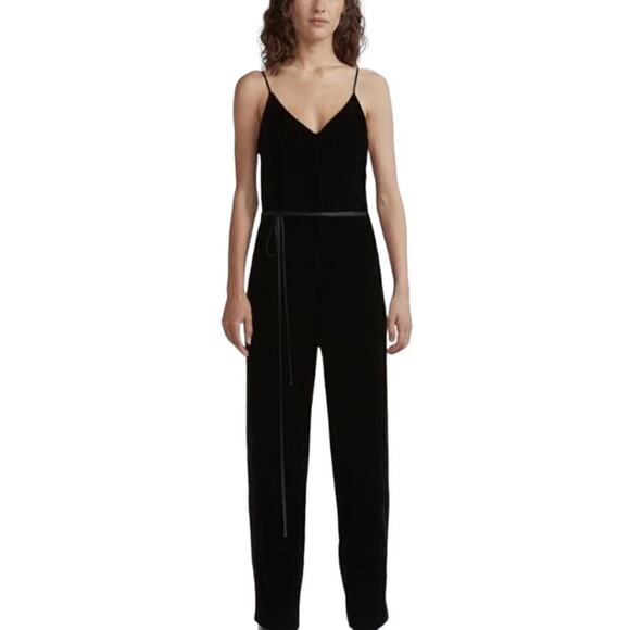 Rag & Bone Jamie Black Velvet V-Neckline Straight-Leg Tie Waist Jumpsuit Size 4 - Picture 1 of 12